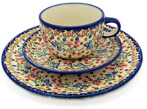 Bunzlauer Kaffee-Gedeck mit Tasse, Untertasse und Teller 21,5 cm (Dekor Florac)