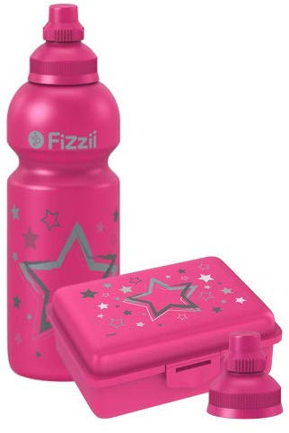 Fizzii Set Trinkflasche 600ml + Lunchbox inkl. Obst-/ Gemüsefach (schadstofffrei, spülmaschinenfest, Motiv: Sterne)
