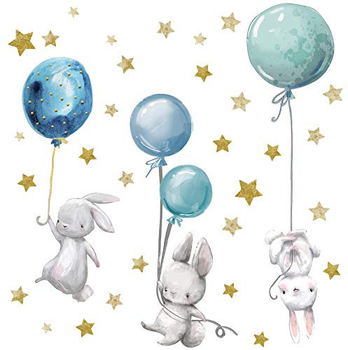 Wandsticker personalisiert Sticker Aquarell Tiere mit Name Wandtattoo für Kinderzimmer Babyzimmer Spielzimmer Mädchen Junge Y037 (Nr. 5 Hasen mit Ballons, Ohne Wunschname)