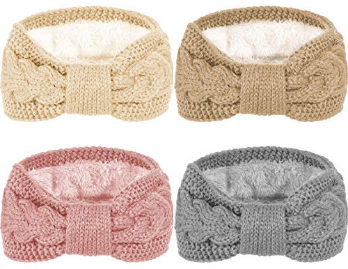 Whaline 4 Pack Twisted Knit Headbands Winter Knotted Head Wraps Fuzzy Lined Headband Thick Crochet Turban Ear Warmer Elastic Hair Band Accessories for Girls Women
