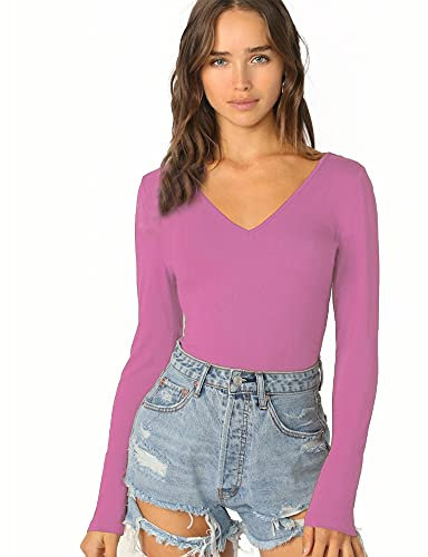 Women's Ladies Long Sleeve V Neck Basic Top Jersey Plain Stretchy Slim Fit Casual Wear T-Shirt Tee Tops 20-22 Pink