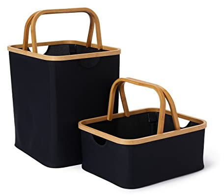 Lumaland - Lot de 2 Paniers de rangement avec cadre et poignées en bambou - Paniers à linge pliables - Pour Salle de Bain Chambre ou Salon - dimensions 40,5 x 33 x 17 cm & 40,5 x 33 x 42 cm - Noir
