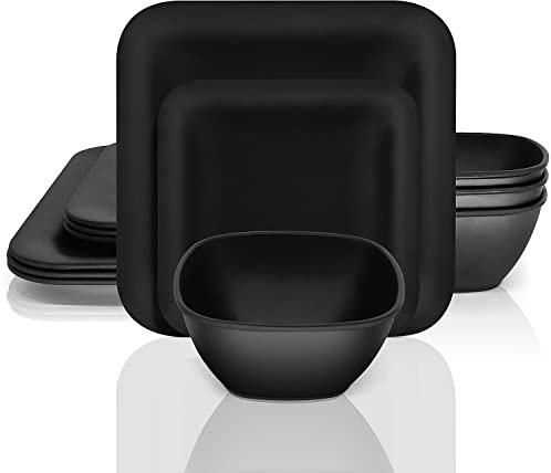 Melamine Dinnerware Set - 12 pcs Melamine Plates Indoor and Outdoor use Matte Black Plates and Bowls Dinnerware Sets Summer Fall Camping Dish Set for 4 Dishwasher Safe(Square)