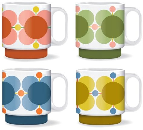 Orla Kiely Set of 4 Stacking Mugs Atomic Flower Bubblegum/Basil/Sky/Sunflower