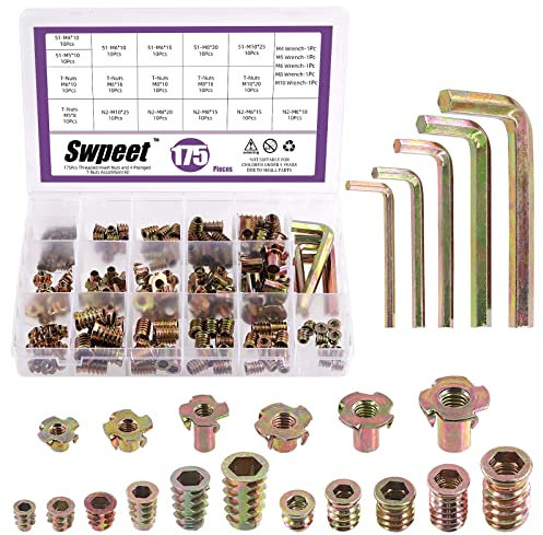 Swpeet 175 Uds. M4 M5 M6 M8 M10 Métrico Acero al Carbono Color Zinc Insertos Roscados Tuercas y Tuerca en T 4 Puntas Tuercas Ciegas en T con Llave, Kit Surtido para Muebles de Madera Tornillo Insertos