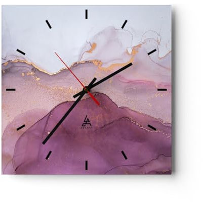Modern Wanduhr Marmor Pink Violett 30x30cm Quadrat Klein Wand Uhr Glas Analog Zimmeruhren Küche Büro Wohnzimmer Glasuhr Wall Clock Dekoration Design Wanddekoration Küchenuhr C3AC30x30-4668