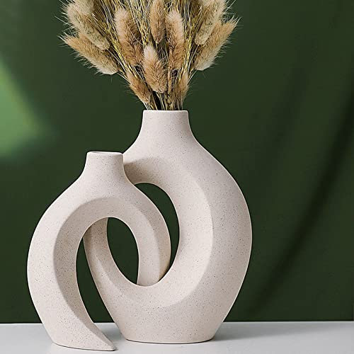 Tanant Modern Nordic Ceramic Vase For Pampas Grass Set of 2,Living Room Bedroom Geometric White Donut Ceramic Vase, Table Decorations Centrepiece Boho Vase Decorative