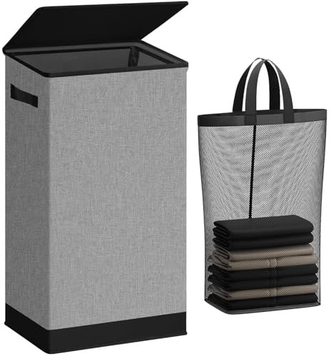 SOLEDI Laundry Basket with Lid 100L Large Hamper, Washing Baskets for Laundry with Inner Bag and Handles - Collapsible Bedrooms Dirty Clothes Bin -Grey