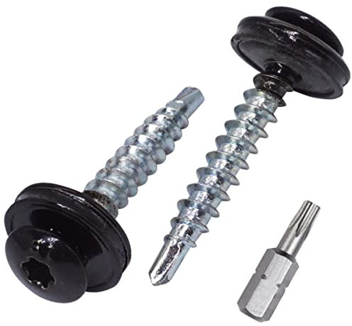 SKIR'CO Lot de 150 vis de toiture en métal, 4,8 x 35 mm, vis autoforeuses peintes avec rondelles EPDM, tête Torx (noir de jais RAL 9005)