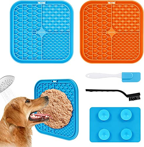 Leckmatte Hund, 2Pcs Leckmatte für Hunde & Silikonspatel + Bürste, Hunde Leckmatte mit Starker Saugnapf, Hunde leckmatte für Hundebaden, Trainieren Hundeleckerli Katzenfutter, BPA-Frei