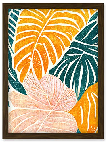 Doppelganger33 LTD Orange Pastel Pink Green Monstera Plant Leaf Boho Linocut Illustration Artwork Framed Wall Art Print A4