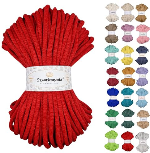 Sznurkomania, Baumwollkordel 9mm 50m, viele Farben, Makramee Garn, Baumwollgarn, geflochtene Baumwollkordel 9mm mit Kern, Häkelkordel, gehäkelte Tasche (Rot)