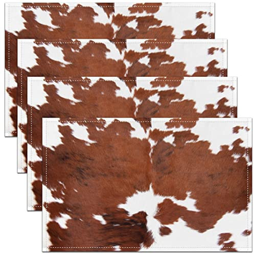 Set di 4 tovagliette con stampa di mucca, 45 x 30 cm, in morbida pelle bovina con stampa super morbida in finta pelliccia, tovaglietta da tavolo con stampa di animali da fattoria