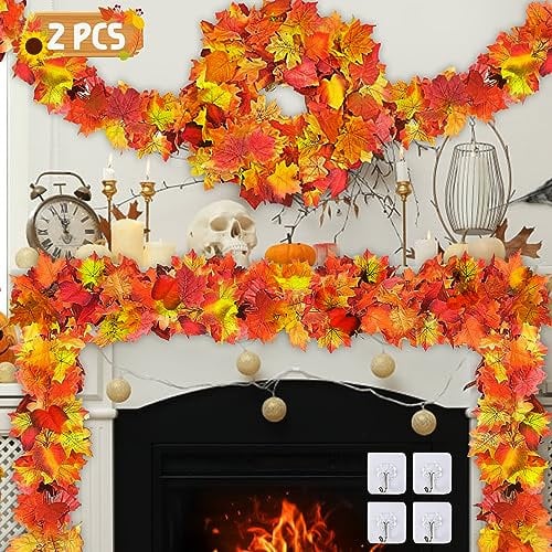 Ghirlande di Foglie d'Acero Artificiali, 2PCS Finte Acero Foglie Rampicante Vite Autunnale Acero Ghirlanda Decorazione con 4 Ganci Ghirlanda Autunnale per cene camini Autunnali Interni&Esterni