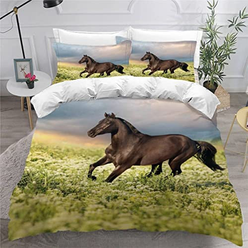 AKATIE Bettwäsche 155x220 Pferd Bettbezug 3D Druck flauschig Hypoallergen Bettwäsche-Set 3Teilig Teenager Jungen Mädchen Mikrofaser Bunt Pferd Auf Der Wiese Betten Set