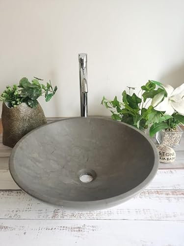 Pietra - Lavabo redondo de mármol gris, 100 % piedra natural, lavabo de baño mate y pulido