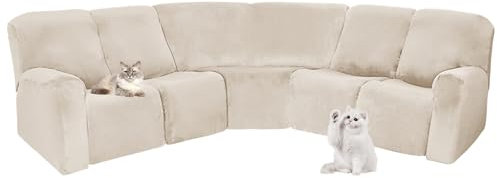 NNSMUN Sofabezug Ecksofa,Sofa Überzug Samt Stretch Sofabezug 7er Set, für 4-Sitzer-Liegestuhl und 1 Ecksitz Sofahusse Eckcouch Cover Sofa Überwurf Spannbezug (Beige,5-Sitzer-7-PC)