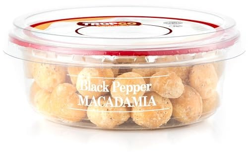 Tropgo Roasted Salted Black peper Macadamia - Guilt Free Flavoured Nuts in a Resealable and Recyclable Tub - Fibre and Mineral Rich Whole Macadamia Nuts - Healthy Vegan Snack for All Ages (100G)