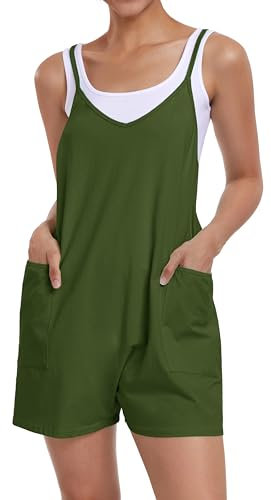 Gosunny Salopette estive da donna, con scollo a V, con spalline sottili, casual, per il tempo libero, con tasche, verde militare, L