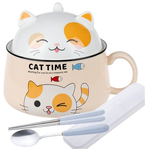 Cat Ramen Bowl 1020ml Cute Ramen Bowl with Lid and Handle Ceramic Instant Noodle Bowl with Spoon and Chopsticks Ramen Noodle Bowl Ramen Bowl Cute for Soup Pasta Salad Cereal Dessert with Cutlery