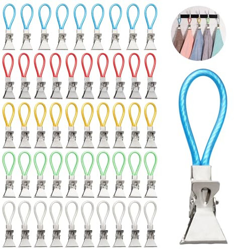 Juyibaao 50 Stück Handtuch Clips zum Aufhängen Handtuchklammer Haken Küche Geschirrtücher Set Metall Handtuchhalter-Clips für Bad Kücher 5 Farben