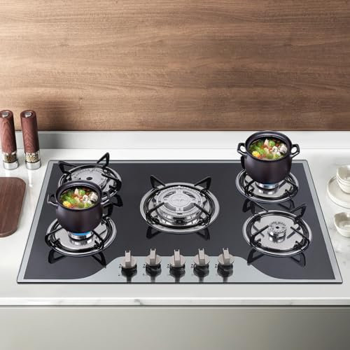 5 Burners Built-in Gas Hobs Kitchen Cooker Stove Cooktop LPG/NG Tempered Glass for Home Kitchen, Easy to Clean