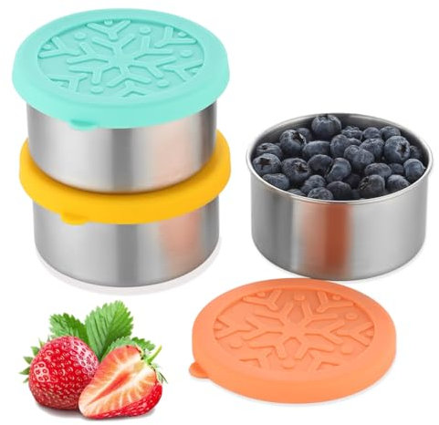 Misichao Snack Containers 220 ml x 3, Stainless Steel Lunch Bento Snack Box, Reusable Metal Meal Prep Lunch Containers with Silicone Lids for Kids Adults