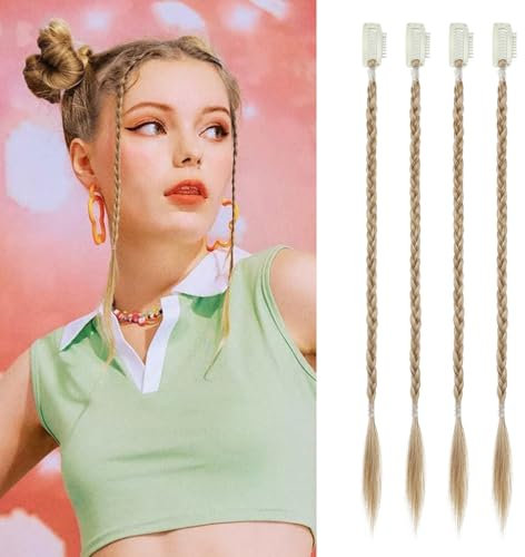 Flufymooz 4PC Braid in Haarverlängerung 35 cm Clip in Braid Extensions für Frauen Synthetische Haarteile für den täglichen Gebrauch Party-Styling (Goldblond mit Highlights)