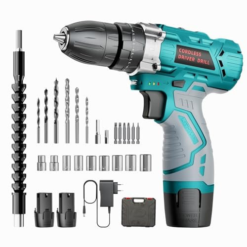 Power Trapano Avvitatore Batteria 12V, Trapano Avvitatore a Percussione, Trapano a Percussione Batteria, 25Nm, LED Luce, 24 Accessori, 25 + 3 Regolazione Della Coppia, 2.0Ah Batterie *2