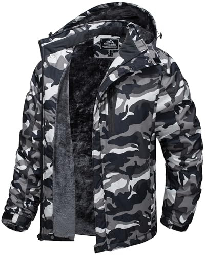 TACVASEN Skijacke Herren Wasserdicht Warme Gefüttert Winterjacke Winddicht Atmungsaktiv Funktionsjacke Schwarz Camo, L