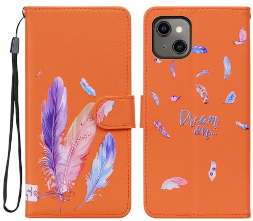 Tiyoo Case for iPhone 13 Mini, Bright Colorful PU Leather iPhone 13mini Phone Case with Feathers Pattern, Card Slots & Magnetic Closure, Orange