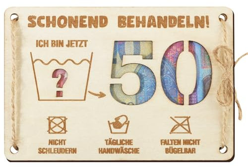 BOFUNX Geldgeschenk 50. Geburtstag - Schonend Behandeln 50 Geburtstag Holz Geldgeschenk Karte Lustige Geburtstagskarte mit Umschlag für Männer Frauen Familie und Freunden