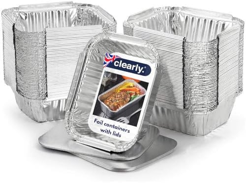 Clearly Set 500 Foil Trays with Lids, Aluminium Disposable Reusable Foil Food Container, Takeaway Containers, Great for Baking, Cooking, Freezing, Heating, Storing, BBQ (14.7x12.3x5cm)