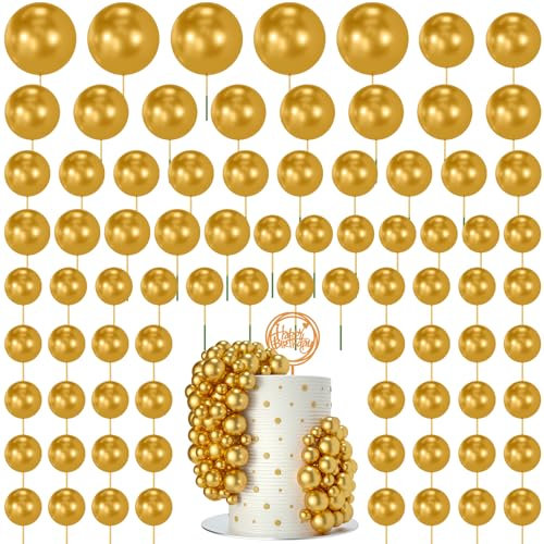 NACHLYNN 80 Pcs Cake Balls Decorations Mini Balloon Cake Topper Balls Foam Cupcake Toppers Balls for Cake Decorating Birthday Parties Weddings Anniversary (Gold)