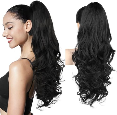 Ponytail Extension, 61cm Lange Zopf Pferdeschwanz Haarverlängerung Natürliches Clip in Pferdeschwanz Haarteil Kunsthaar für Damen, Natürliches Schwarz