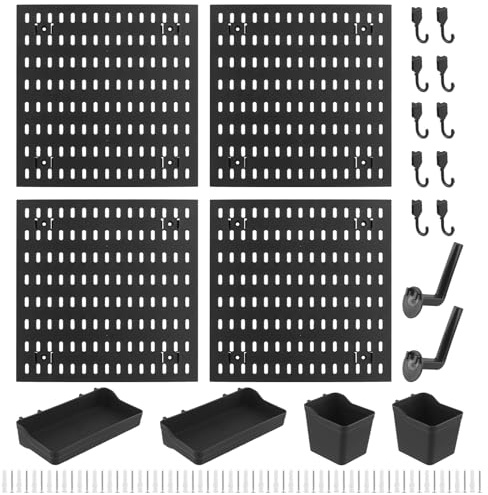 MOUYAT 4 st pinnbrädor för väggar, väggfästbräda organiseringssats med 4 plattor 30 x 30 cm pinntavlor och 18 st tillbehör, svarta verktygspinnbrädor för väggorganisering, prydnadsdisplay
