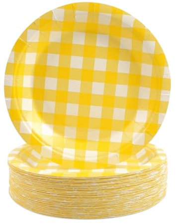 HFBOBP 50 piatti di carta a quadretti, 17,8 cm, gialli, a quadretti, usa e getta, per feste, picnic, campeggio, riunioni di famiglia, baby shower, compleanni, addio al celibato