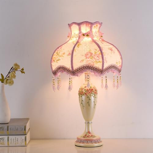 Mengjay Vintage Tischlampe mit Blumenmuster,Nachttischlampe,Deko Wohnzimmer E27 Tischlampe Vintage Schlafzimmer Stoff Lampenschirm, Schreibtischlampe Nordischer Stil Art Nachtlampe