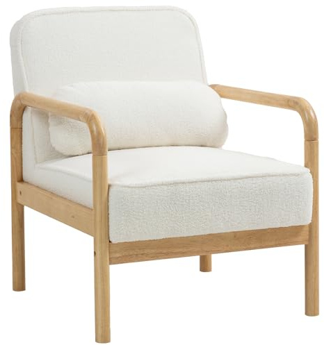 HOMCOM Sessel Wohnzimmer Loungesessel mit Armlehnen, Holzbeine, Großen und Dicken Sitz, Relaxsessel Lesesessel mit Wurfkissen, Bouclé-Optik, Polstersessel für Schlafzimmer Weiß