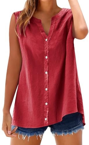 Teeshirt Femme Coton Col V sans Manche, Gilet Course A Pied Bleu Tee Shirt Femme Grande Taille Chemise Lin Summer Top Chemises Basique Corset Rafraîchissant Tunique Outdoor Chemisiers