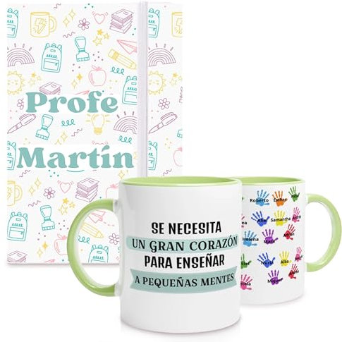 TAZALAND | Taza Personalizada con Huellas y Libreta con Nombre para Profes | Regalo Original Fin de Curso Profesores | Detalle Maestra Infantil o Primaria | Modelo Estampado