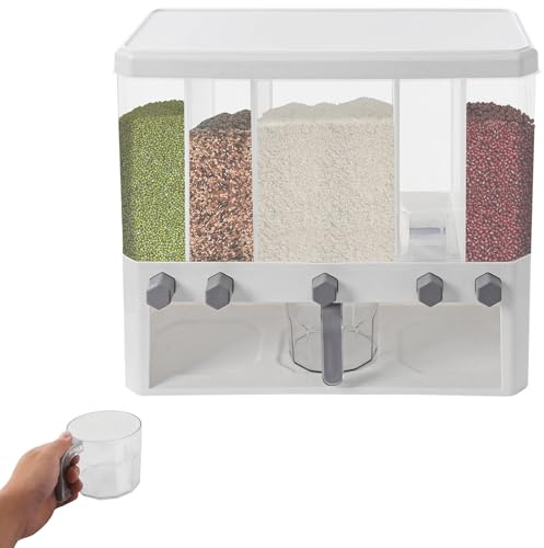HINOPY Dispensador de cereales con 5 rejillas, dispensador de cereales montado en la pared con vaso medidor, moderno juego de dispensación de comida seca, dispensador de cantidad de arroz para
