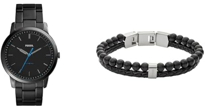 Fossil Herren Minimalist Schwarze Edelstahl Uhr und Townsman Halbedelstein Armband, Set