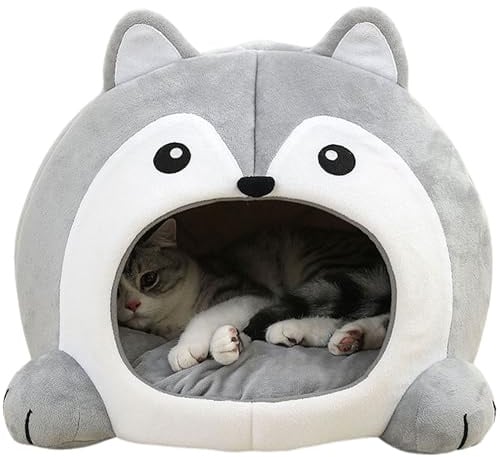 TATZIO Designer Katzenhöhle grau – Lustige Schlafhöhle & Katzenhaus mit Kissen, Katzenbett, Faltbarer Rückzugsort für Katzen, Kitten und Kater, kuschelig & formstabil