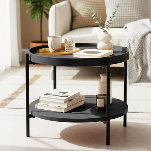 CLP Couchtisch rund Holz Corbitan, Sofatisch 2 Ebenen mit Stauraum, Beistelltisch klein Metallgestell schwarz Farbe grau Größe Ø 50 cm