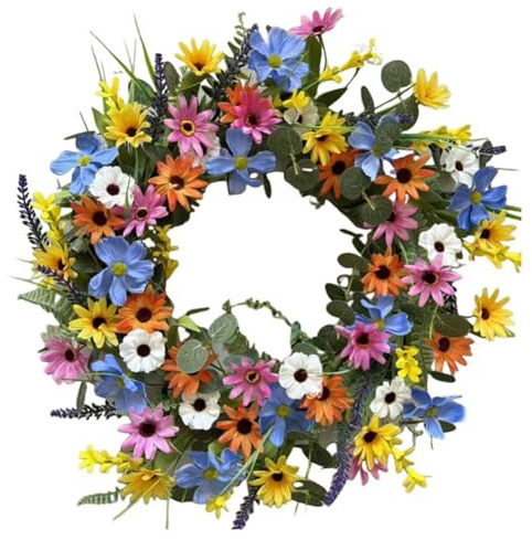 Gettimore Lebhafter Eukalyptus-Kranz mit bunten Gänseblümchen, Lavendel und Farnen für Heimdekoration, Bauernhaus, Hochzeit, alle Jahreszeiten, 38,1 cm