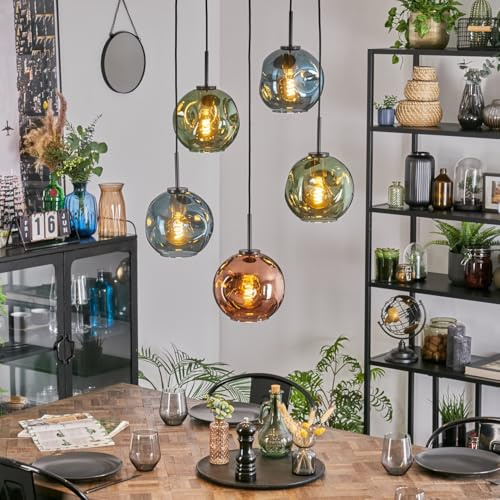 HOFSTEIN Hängeleuchte Ripoll, 5-flammige Hängelampe aus Metall/Glas in Schwarz/Blau/Grün/Kupferfarben, moderne Pendelleuchte im Retro/Vintage-Design (Schirme Ø 20cm), E27, Esszimmer, Küche, Wohnzimmer