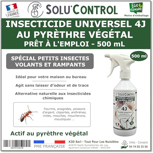 Solu’Control Insecticide Universel 4J au Pyrèthre Végétal – Prêt à l’Emploi 500 mL – Spécial Insectes volants et rampants – Sans PBO – Fabriqué en France