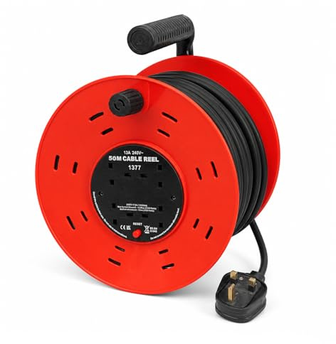 Extension Lead 50m Outdoor, 4 Socket Heavy Duty Extension Reel, Waterproof Cable, Thermal Cut Out, 13A Fused UK Plug, Round Red