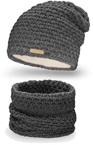 Mikos* Damen Winter Set Warm Beanie Mütze und Schal Schlauchschal Gestrickte Wintermütze Strickmütze Winterschal Strickschal Schlauchschal Schals Wollmütze Winterset (690)